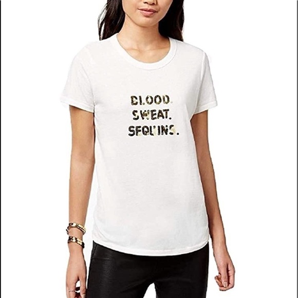 Bow & Drape Womens Blood Sweat Sequins Slogan Tee - Picture 2 of 15